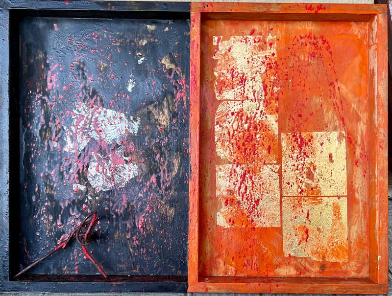 La sentencia de Sísifo, Encáusticos, alambrón, collage sobre panel de madera, 60 x 80 centímetros, 2021. 