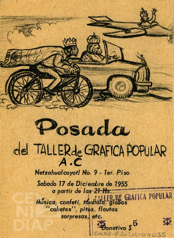 Invitación a la posada del Taller de Gráfica Popular, diciembre de 1955.
Fondo Documental Leopoldo Mendez (CNAP-FR-LM-04035)