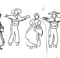 Figura 5. Ilustración, a lápiz, de los personajes que forman la danza del pescado blanco.
