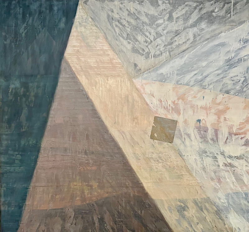 "Las pirámides no son rosas", Oleo y collage sobre tela. 140 x 150 centímetros, 2022.