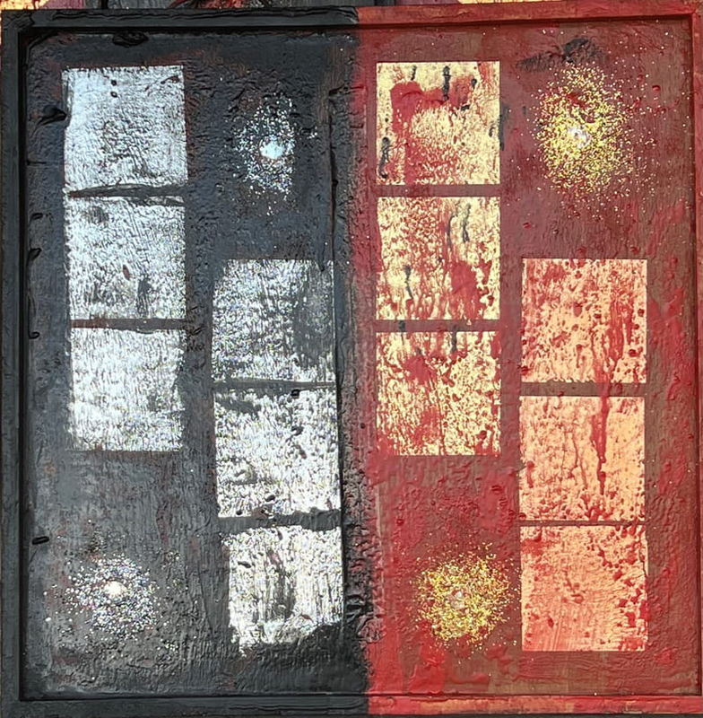"Equinoccio", Encáusticos y collages sobre panel de madera, 80 x 80 centímetros, 2021. (Número Miller: 0382).